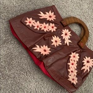 LEATHER DEEP RED HANDMADE  BAG EMBROIDERY BEADING